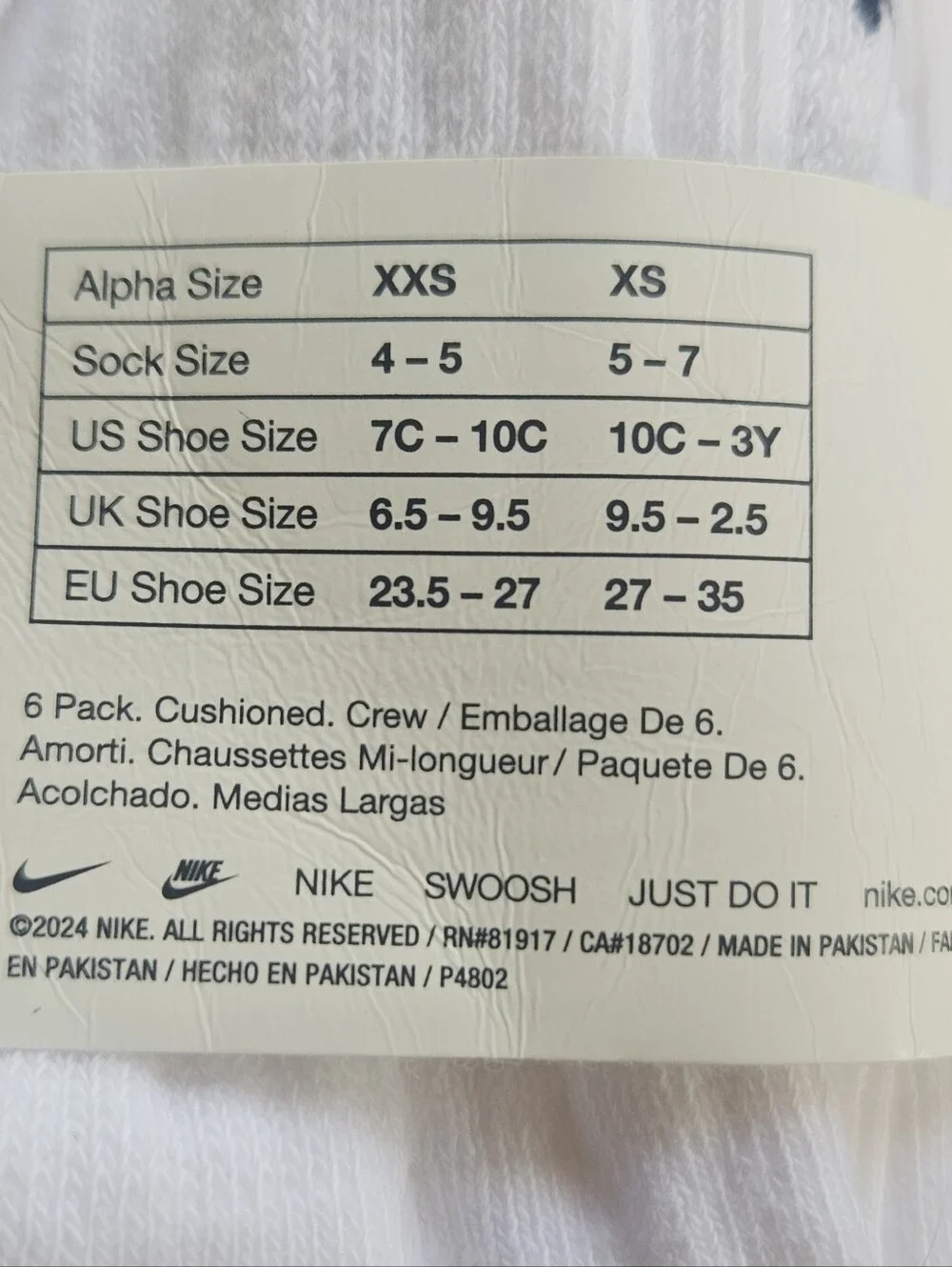 Nike White Crew Athletic Socks with Black Swoosh - 6 Pair - Youth xxs